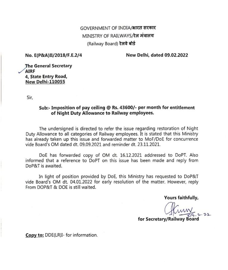 Update Regarding Night Duty Allowance by Railway Board